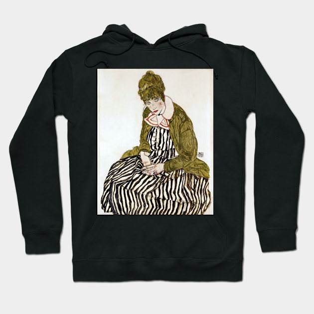 Egon Schiele Edith with Striped Dress, Sitting Hoodie by pdpress